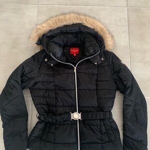 Guess Black and Tan Puffer Jacket with Faux Fur Hood
